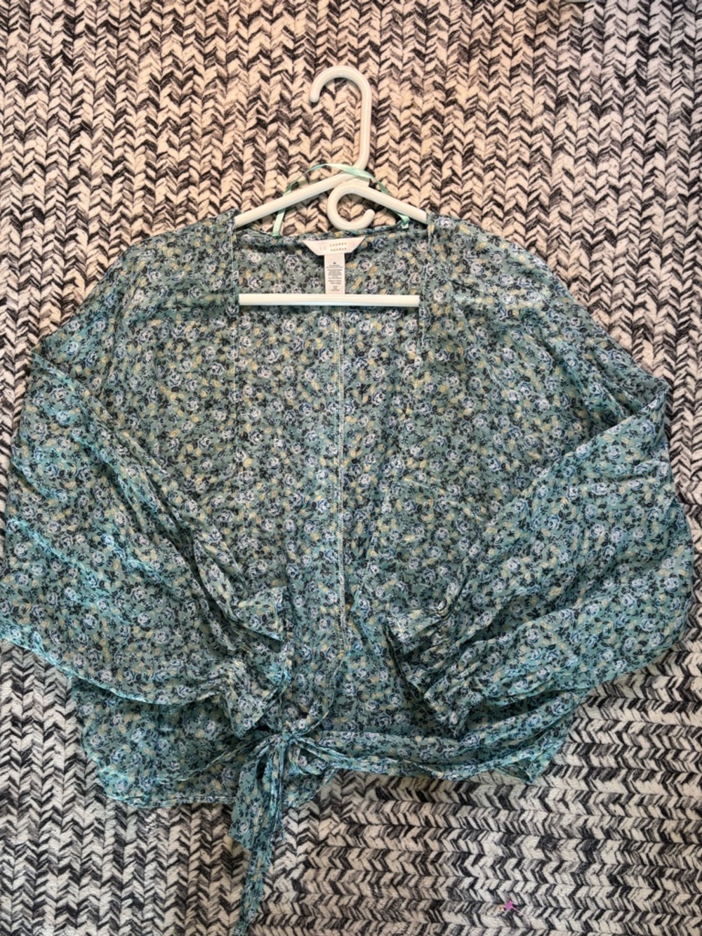 Lauren Conrad Blue Sheer Floral Boho Tie-Front Blouse/ Swimsuit Cover Women’s XL